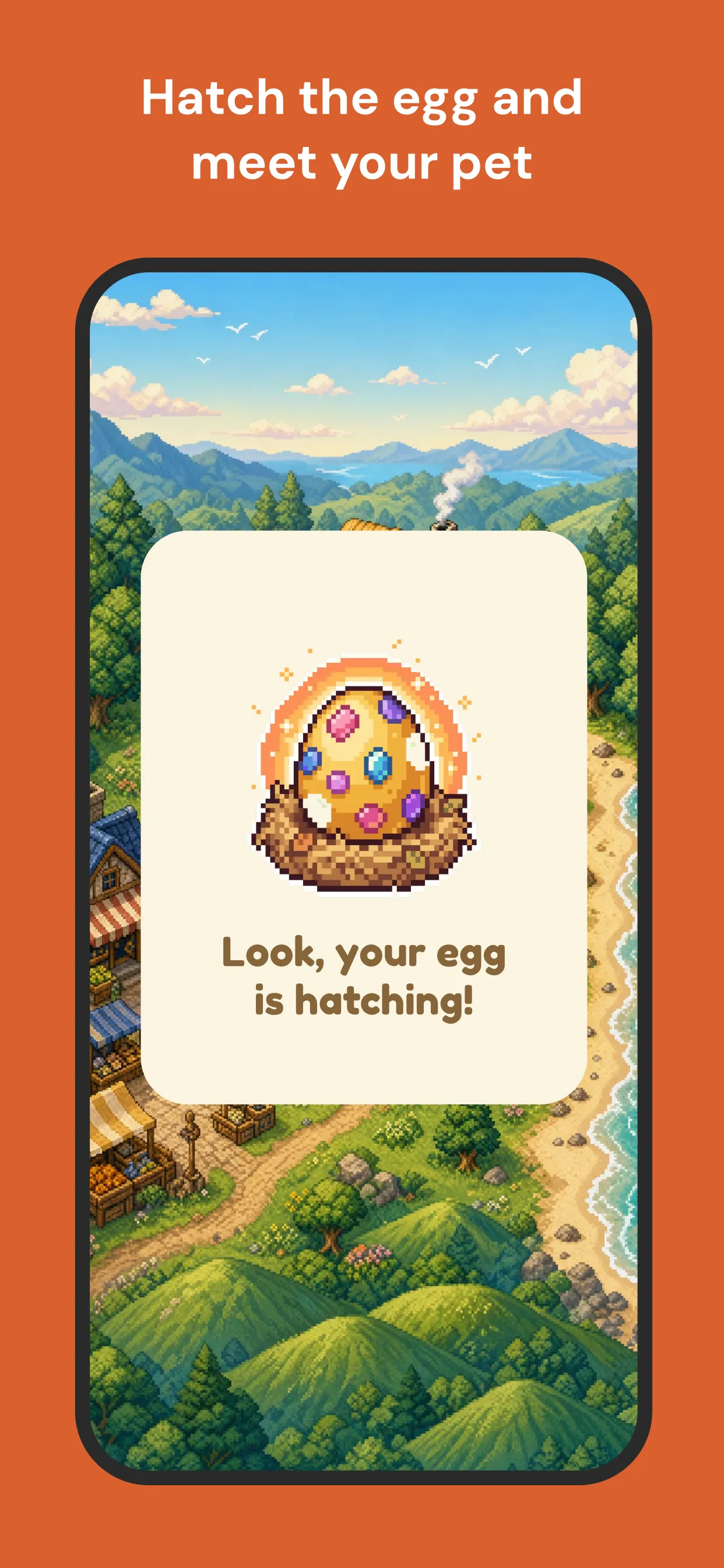 Экран Waddle World с пиксельным питомцем и интерфейсом дневника