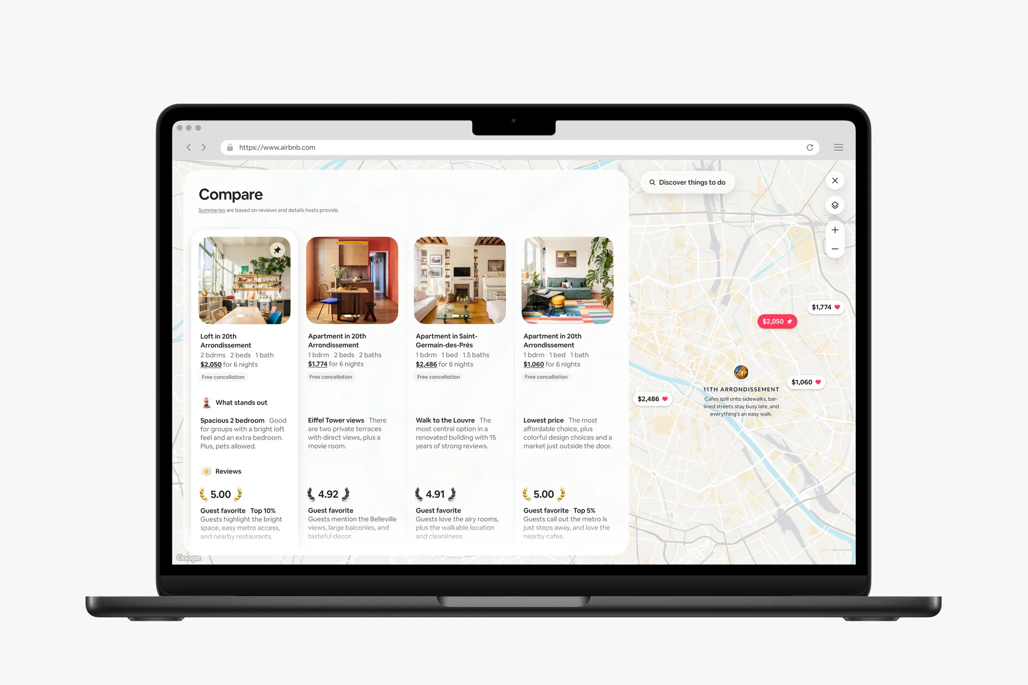 Пример экранов Airbnb, связанных с поиском и выбором вариантов