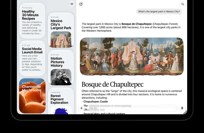 Официальная демонстрация приложения Siri AI на iPad с активным диалогом и историей чатов