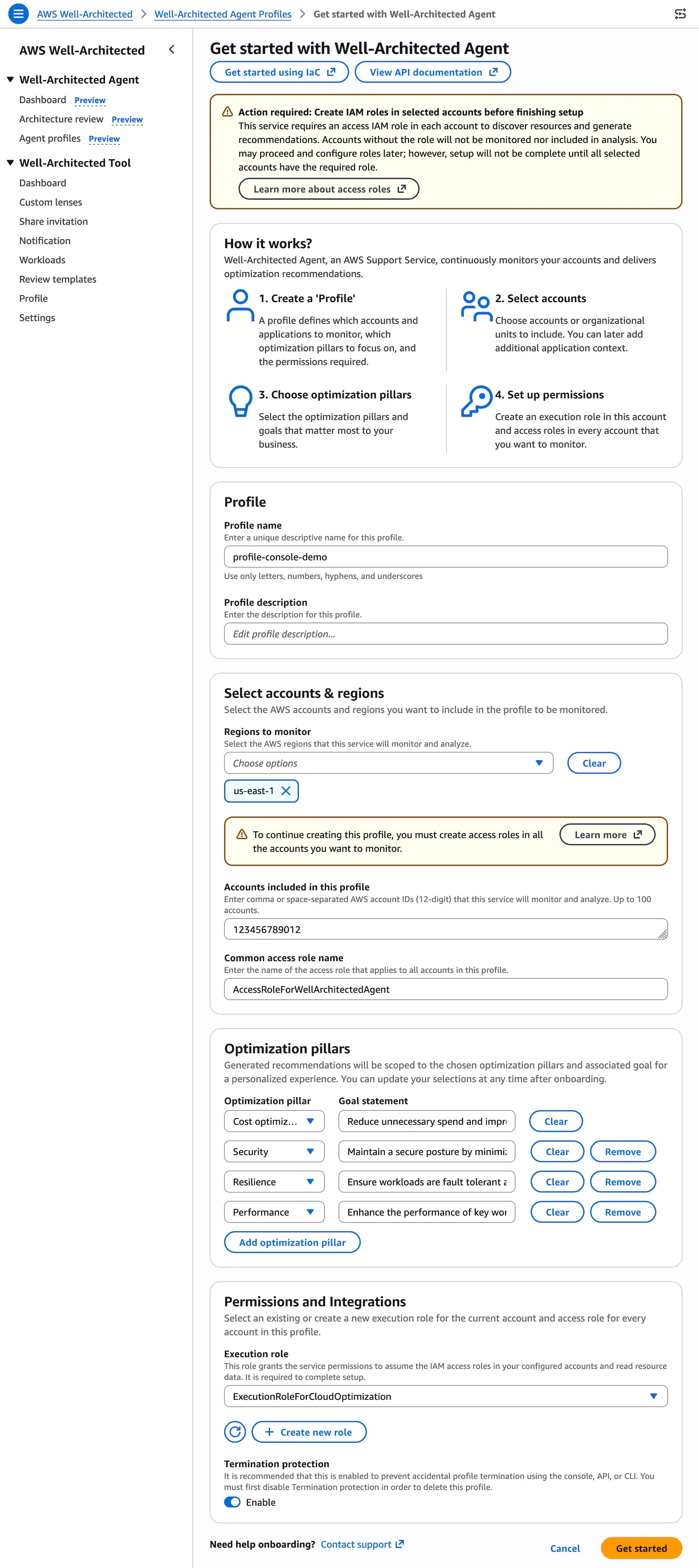 Экран AWS Well-Architected Agent с приоритизированными рекомендациями