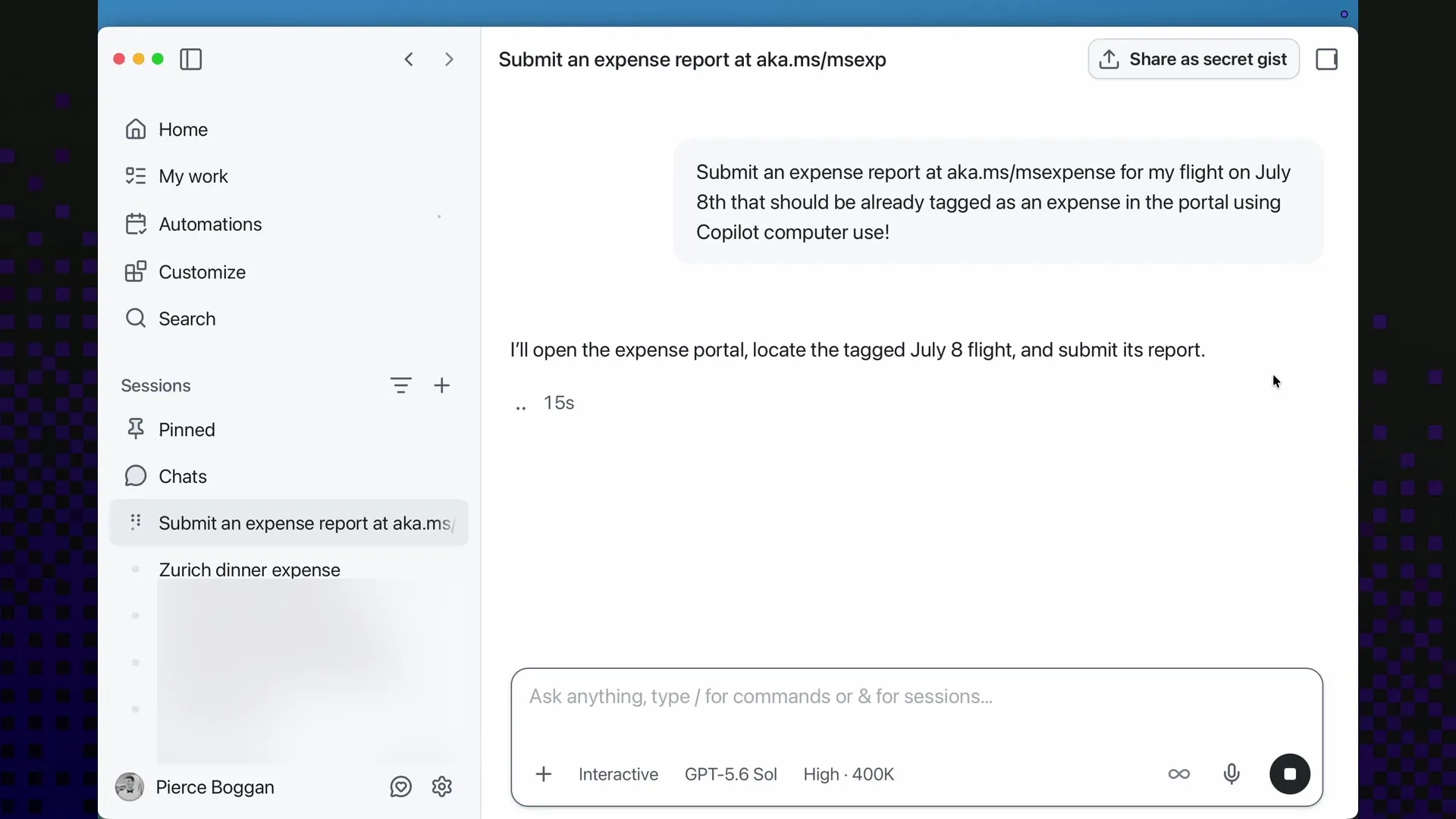 Copilot проходит в Safari интерфейс оформления отчёта о расходах: видны браузер, форма и боковая панель агента