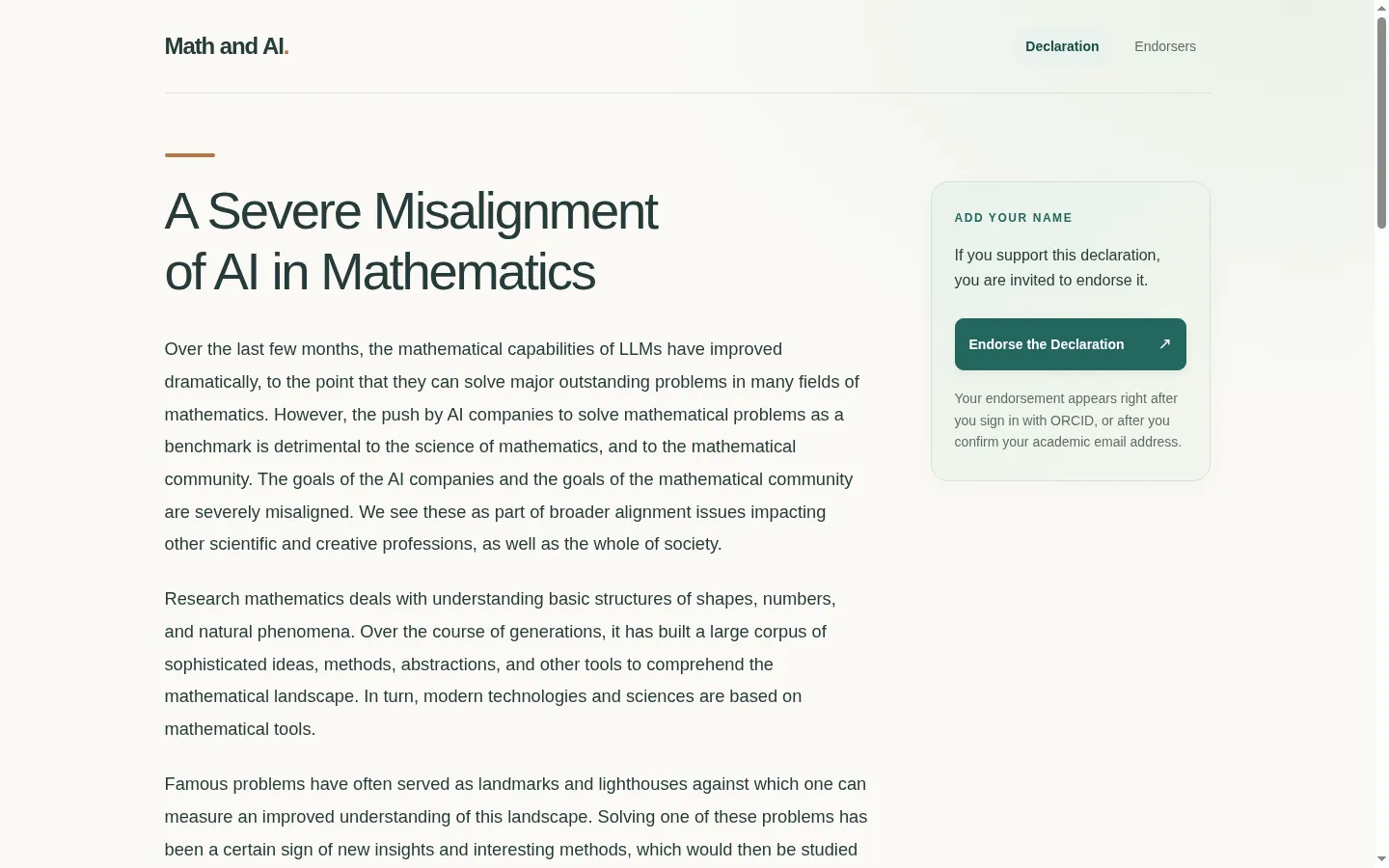Страница декларации «A Severe Misalignment of AI in Mathematics» с перечнем ключевых опасений