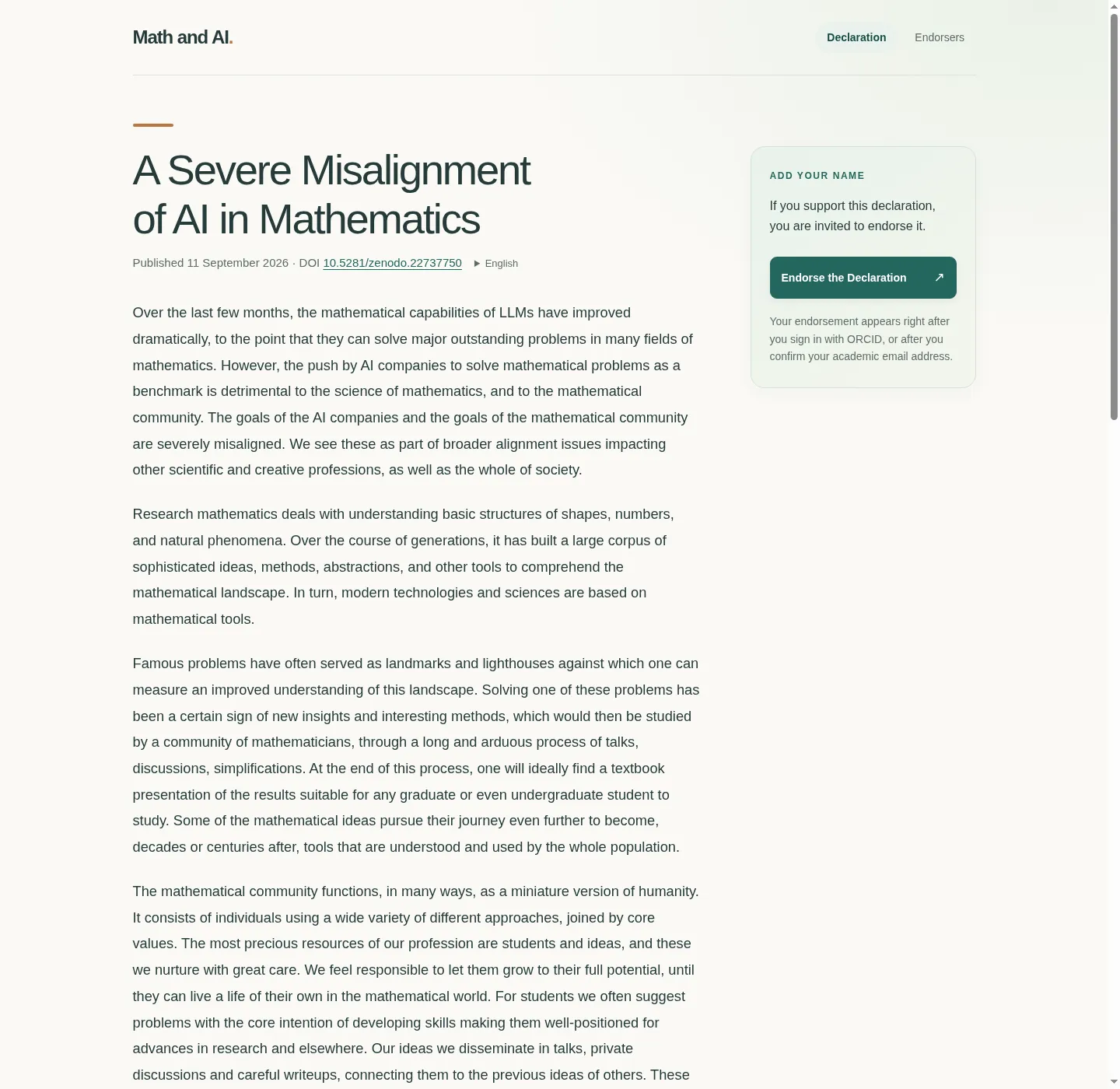 Открытое письмо Math and AI предупреждает, что массовое производство ответов не должно подменять математическое понимание