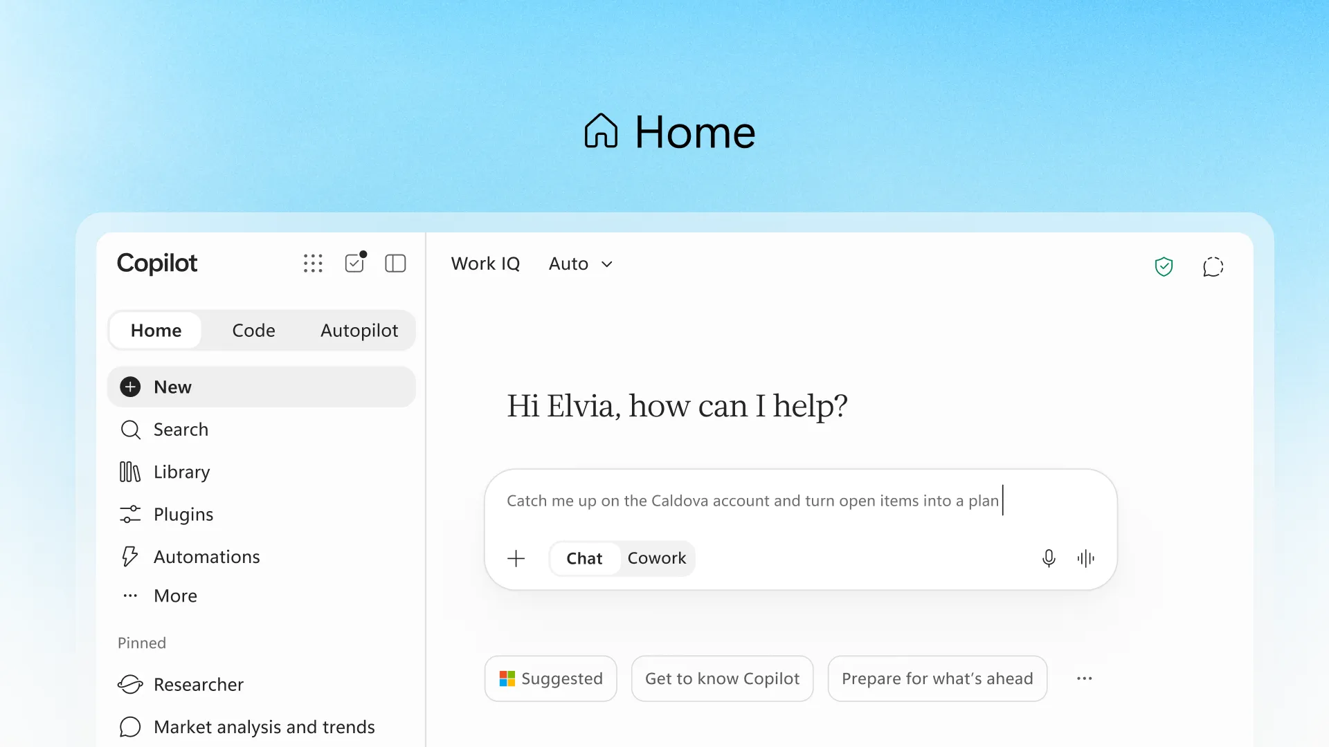 Экран Microsoft Copilot с рабочими задачами и подключёнными приложениями