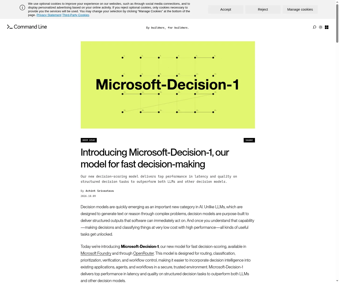 Официальный интерактивный график Microsoft сравнивает точность, задержку и калибровку Microsoft-Decision-1 с другими моделями.
