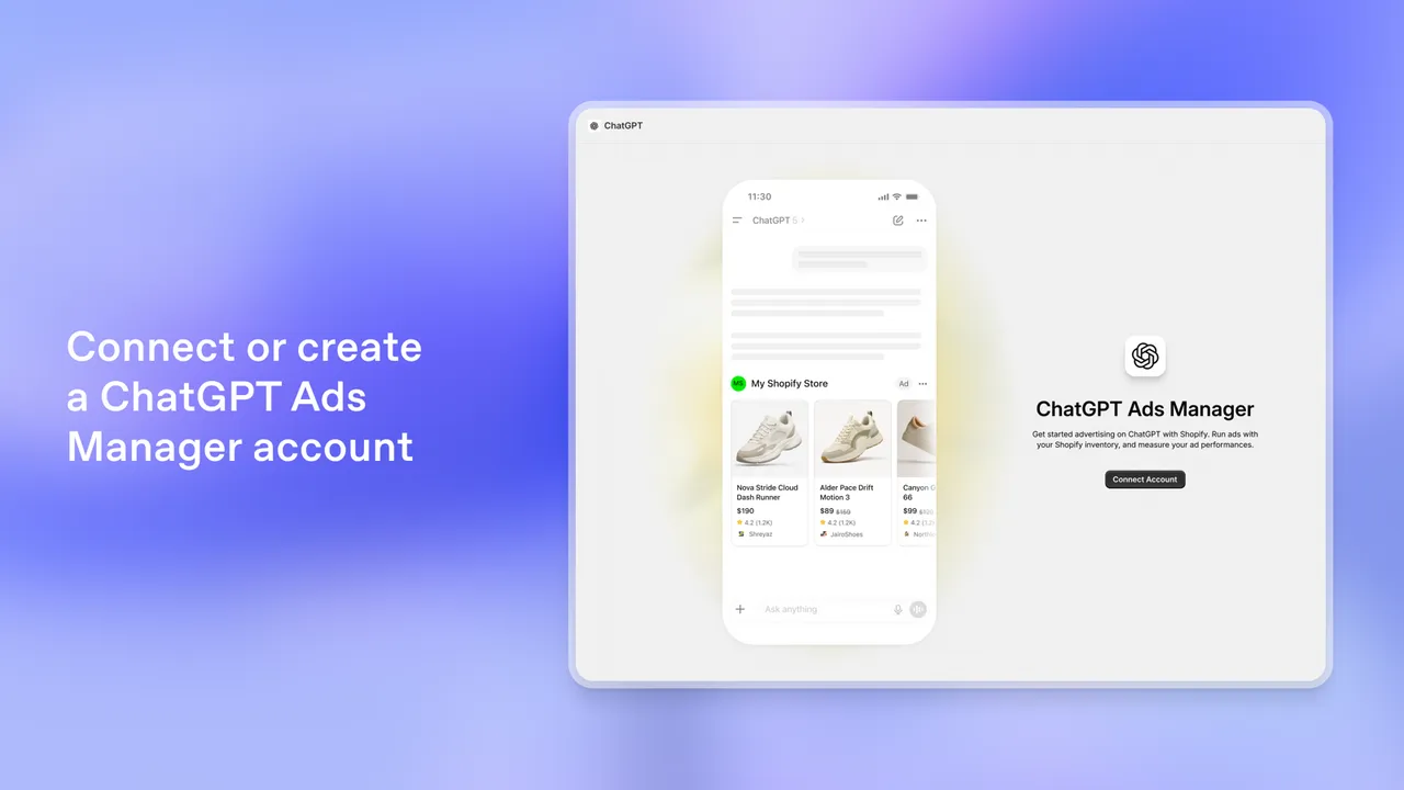 Скриншот Shopify App Store с интерфейсом приложения ChatGPT Ads для продавцов